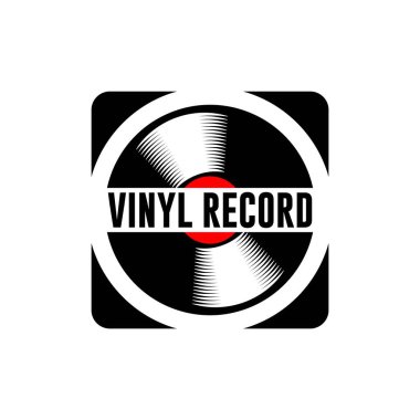 Müzik logo şablonu. Nota ve vinil vektör tasarımı kaydedin. Pikap illüstrasyon