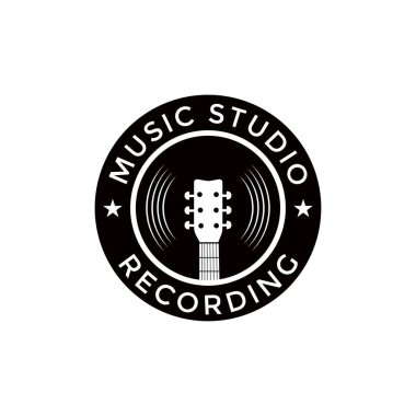 Müzik logo şablonu. Nota ve vinil vektör tasarımı kaydedin. Pikap illüstrasyon