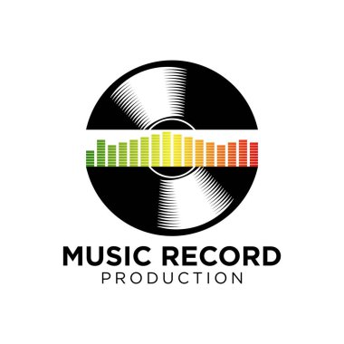 Müzik logo şablonu. Nota ve vinil vektör tasarımı kaydedin. Pikap illüstrasyon