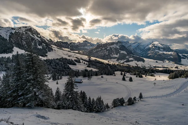 Wonderful winter hike from Restaurant Eggli over the Forstseeli and Diepoldsauer sponge to the Faehnerenspitz in the Appenzeller Land in Switzerland — 스톡 사진