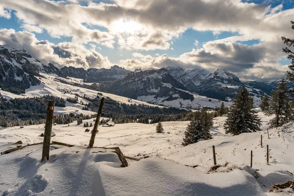 Wonderful winter hike from Restaurant Eggli over the Forstseeli and Diepoldsauer sponge to the Faehnerenspitz in the Appenzeller Land in Switzerland — 스톡 사진