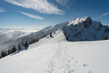 Allgau, Bavyera 'daki Nagelfluhkette Hochgrat' ta harika bir kar ayakkabısı turu.