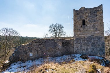 Tuna Vadisi 'ndeki güzel Tuna Vadisi' nde bahar yürüyüşü Kallenberg Kalesi yıkıntıları boyunca, Tuna Nehri üzerindeki Fridingen yakınlarındaki Bronnen Şatosu 'na.