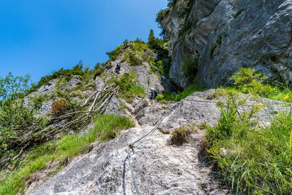 Sports Ferrata Près Vallée Avec Pont Suspendu Une Vue Magnifique — Photo