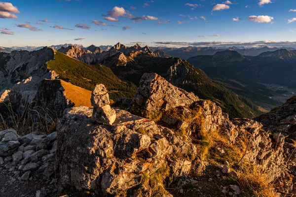 Belo Passeio Montanha Para Aggenstein Pôr Sol Tannheimer Tal — Fotografia de Stock