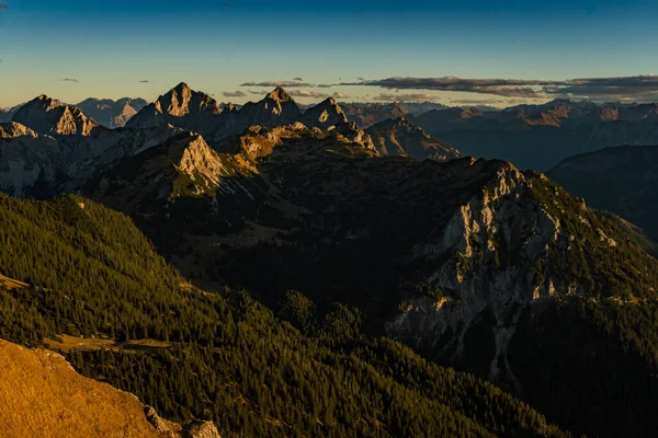 Belo Passeio Montanha Para Aggenstein Pôr Sol Tannheimer Tal — Fotografia de Stock