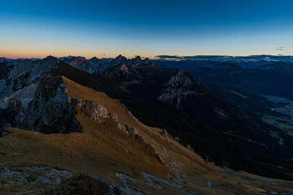 Belo Passeio Montanha Para Aggenstein Pôr Sol Tannheimer Tal — Fotografia de Stock