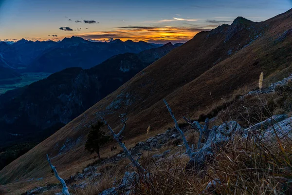 Belo Passeio Montanha Para Aggenstein Pôr Sol Tannheimer Tal — Fotografia de Stock