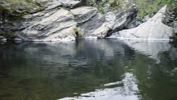 Kleiner Wasserfall, Felsen und Pudel. — Stockvideo