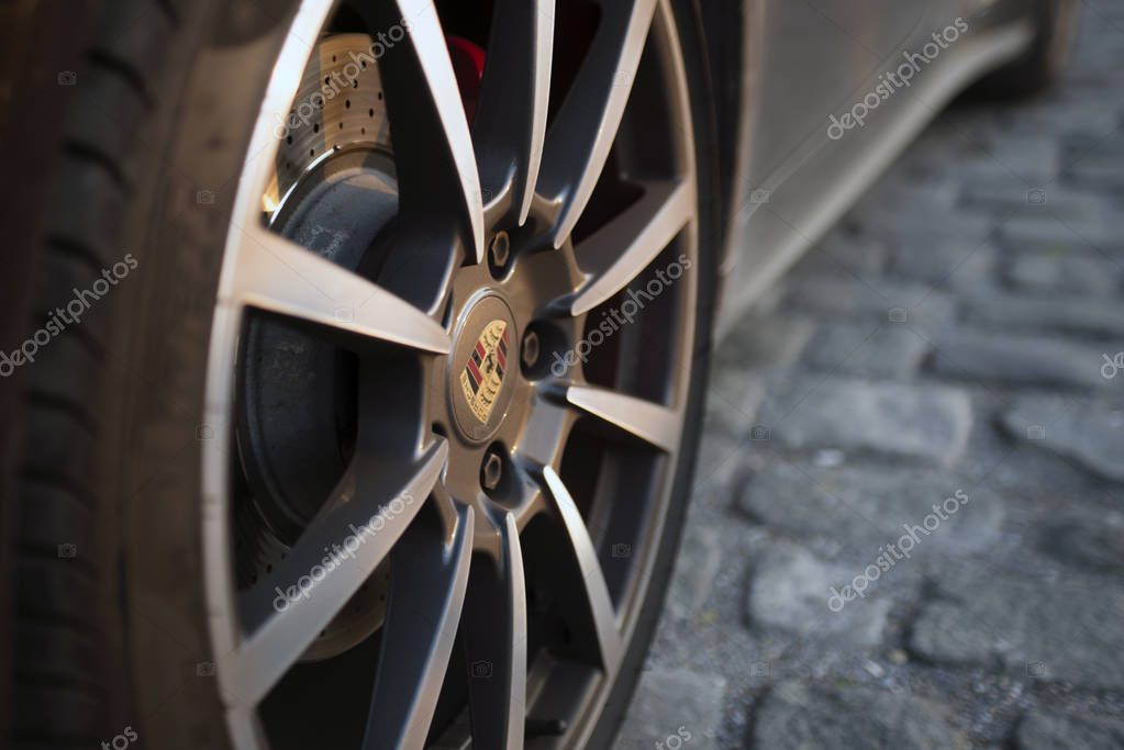 Izmir - Turkey - March 5, 2017: Porsche logo on the tire rim.