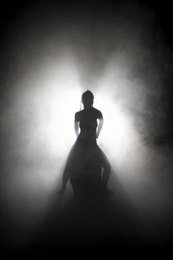 Siluet dansçısı kadın sis içinde dans figürleri sergiliyor..