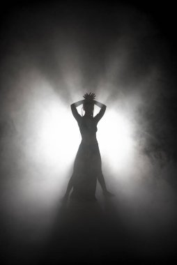 Siluet dansçısı kadın sis içinde dans figürleri sergiliyor..