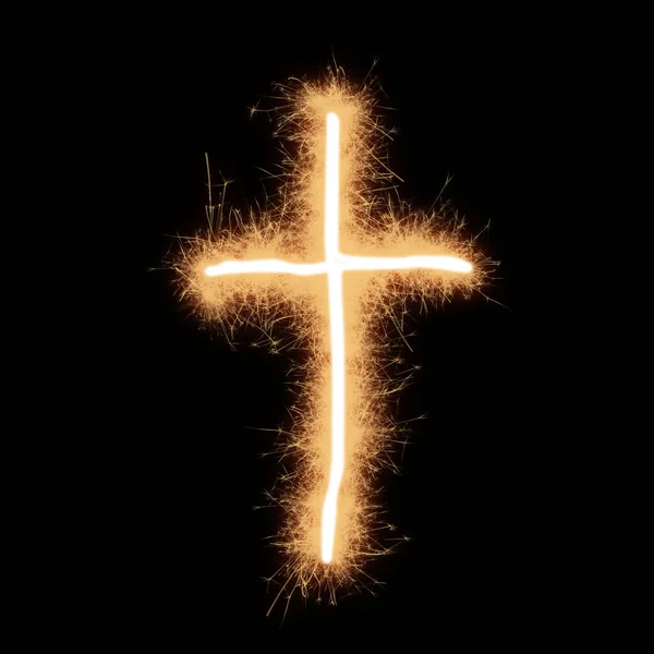 Symbol of crucifix made with sparks on a black background.. — Stock Photo, Image