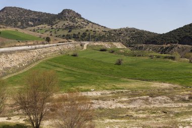 Kula Manisa 'da yol, çayır ve tepelerle manzara.