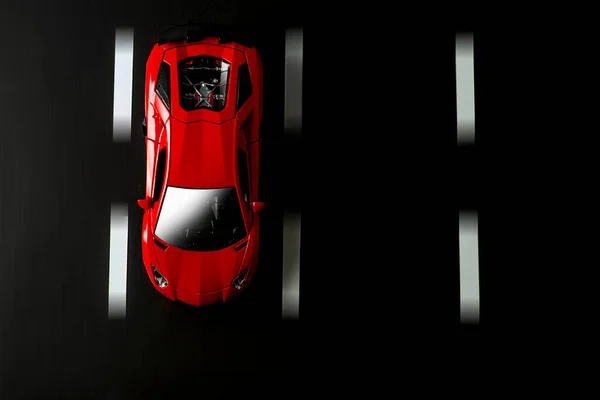 Vista Superior Coche Deportivo Rojo Sobre Fondo Asfalto Con Carriles — Foto de Stock