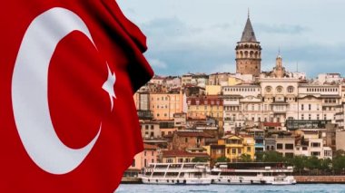 İstanbul, Türkiye - 17 Kasım 2018. İstanbul Karakolu 'nun buharlı gemileri, denizleri, CGI animasyonlu Türk bayrağı ve Galata Kulesi ile manzarası. İstanbul Türkiye.
