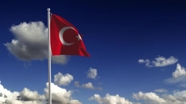 Cgi土耳其国旗在旗杆上和蓝天背景上的3D动画 — 图库视频影像