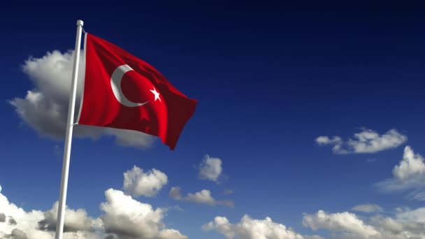 Cgi Animation Turkish Flag Flag Pole Blue Sky Background — Stock Video