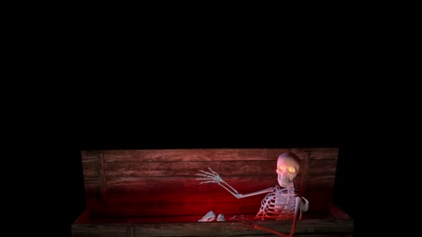 このビデオは棺の中の恐ろしい骨格を示しています — ストック動画