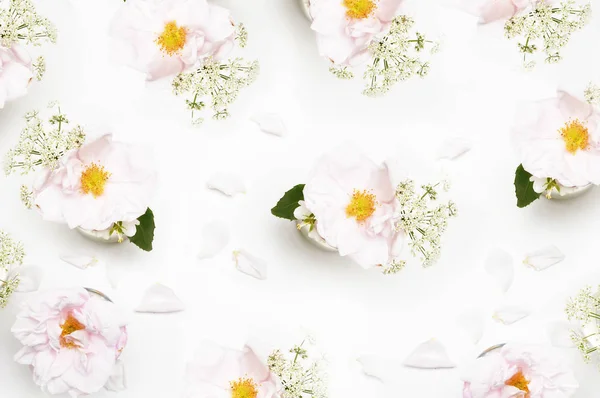 Λουλούδια σε άσπρο φόντο. Επίπεδη θέσει. Γραφείο μακέτα. Ομορφιά — Φωτογραφία Αρχείου