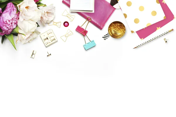 Flat lay. Feminine scene. Office background. Mock-up for your photo or text Place your work. Woman desktop, template card, Peonies and gold stationery. Gold Polka. Header website or Hero website. — Stock Photo, Image