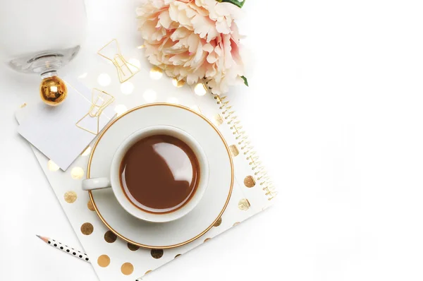 Wedding background mock-up. Flat lay. Coffee with notebook, and peony flower — Stock Photo, Image