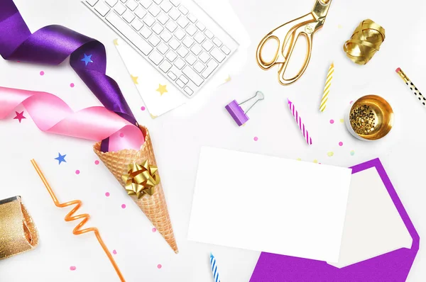 Glamour style background, flat lay. Gold and party items: Cocktail tubes apple, pear, spiral, ice cream cone, gold cosmetic bag, golden pineapple, stapler, scissors, paste. Desktop. view table, up. — Stock Photo, Image