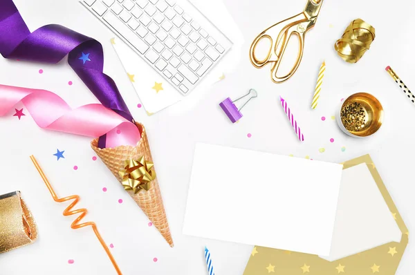 Glamour style background, flat lay. Gold and party items: Cocktail tubes apple, pear, spiral, ice cream cone, gold cosmetic bag, golden pineapple, stapler, scissors, paste. Desktop. view table, up. — Stock Photo, Image