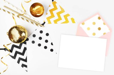 Party background. Decor table view. Flat Lay. Party mockup. Gold items