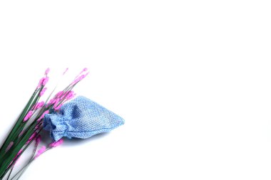 Güzel bir çiçek ve mavi bir çanta. Beyaz arkaplan