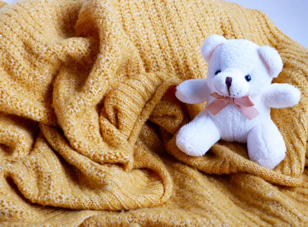 Urso Brinquedo Embrulhado Cobertor — Fotografia de Stock