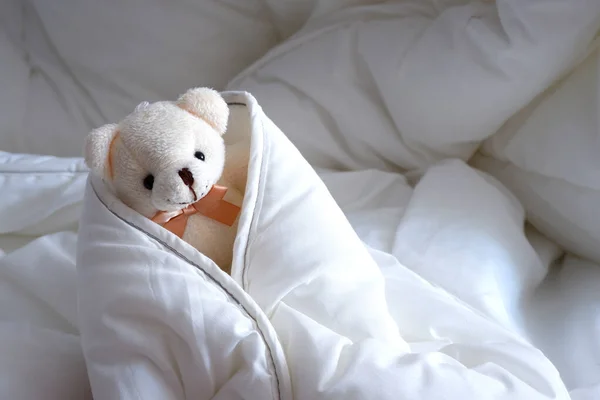 Soft white bear, wrapped in a blanket.