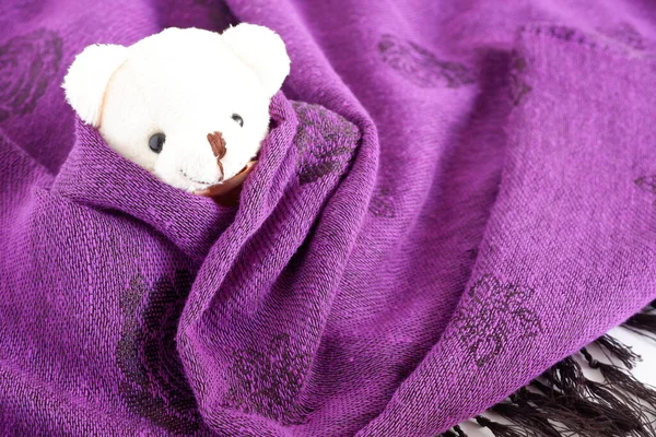 Мягкий Игрушечный Медведь Завернутый Фиолетовое Одеяло — стоковое фото