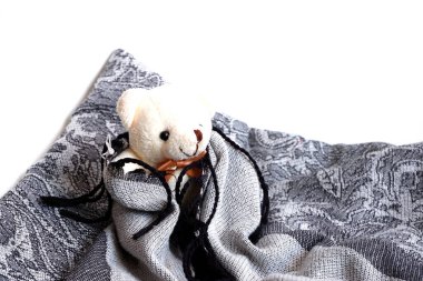 Bir oyuncak ayı, beyaz, battaniyeye sarılmış. Yumuşak oyuncak