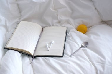 Beyaz arkaplanda erik ve not defteri var. Keten kumaşın dokusu
