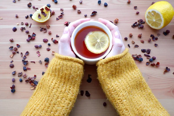 Hands Cup Tea Lemon Beautiful Background Mockup Vitamins — Stock Photo, Image