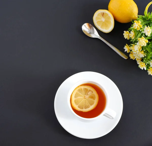 Tea Lemon Black Background Set Ceramic Mug Saucer White Background — Stock Photo, Image