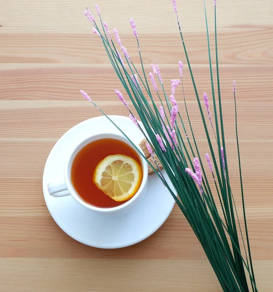 Mug Black Tea Slice Lemon Table Beautiful Advertising Background — Stock Photo, Image