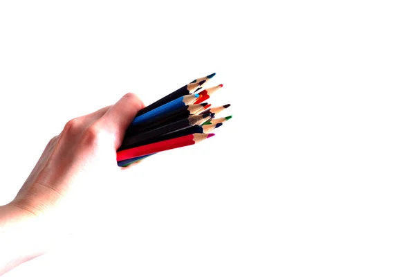 Beyaz Arkaplanda Elinde Renkli Kalemler — Stok fotoğraf