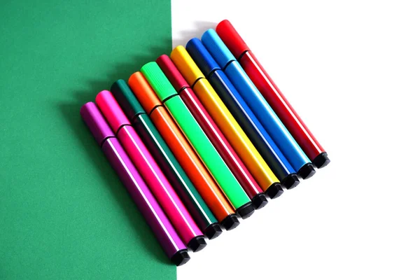 Set Colored Markers Green White Background All Colors Rainbow Office — Stock Photo, Image