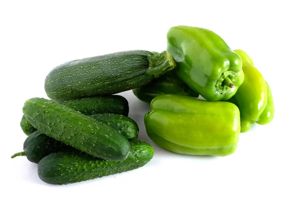 Grüne Paprika Zucchini Und Gurken Auf Weißem Hintergrund Gemüse — Stockfoto