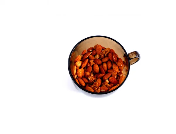 Set Nuts Almonds Walnuts Mug White Background Suitable Advertising Background — Stock Photo, Image