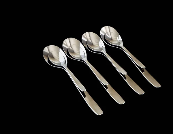 Metal Spoons Black Background Suitable Mockups Cooking Supplies — Stock Photo, Image