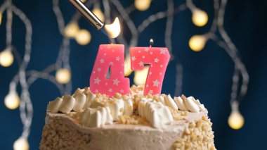 Yaş günü pastası, üzerinde 47 numara mum olan mavi sırt çantasıyla çakmak ateşiyle yakıldı. Yakın çekim görünümü
