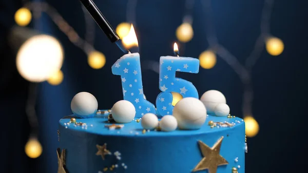 Pastel Cumpleaños Número Estrellas Cielo Concepto Luna Vela Azul Fuego —  Fotos de Stock