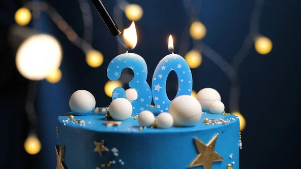 Birthday Cake Number Stars Sky Moon Concept Blue Candle Fire — Stock Photo, Image