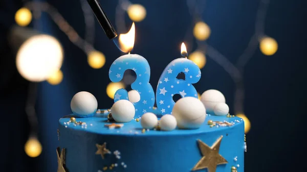 Pastel Cumpleaños Número Estrellas Cielo Concepto Luna Vela Azul Fuego —  Fotos de Stock