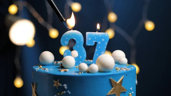 Birthday Cake Number Stars Sky Moon Concept Blue Candle Fire Stock Photo By C Stasonych