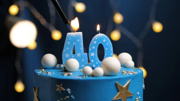 Torta Compleanno Numero Stelle Cielo Luna Concetto Candela Blu Fuoco — Foto Stock
