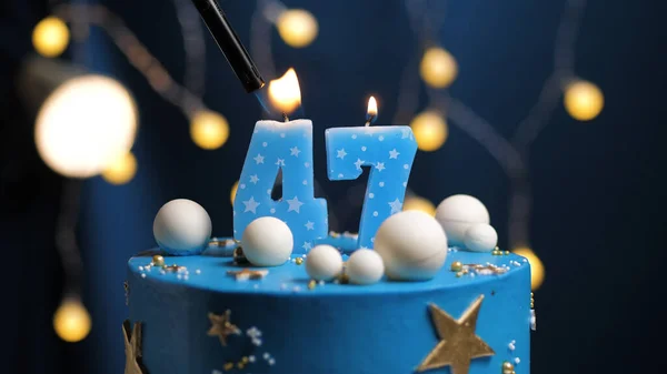 Birthday Cake Number Stars Sky Moon Concept Blue Candle Fire — Stock Photo, Image